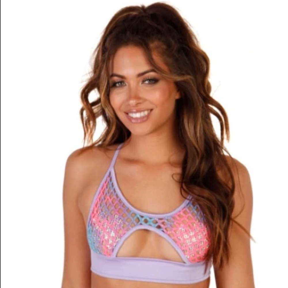iHeartRaves Cotton Kandi Sparkle Fishnet Underboob Top - Medium